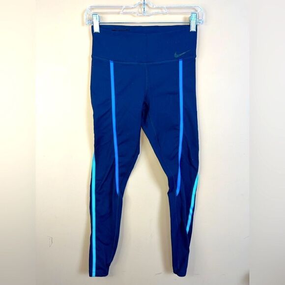 Nike Women’s Size Small Navy & Aqua Striped Dri-Fit Running Active Leggings - Picture 1 of 7